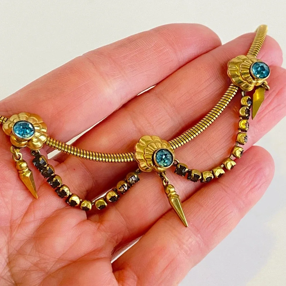 Vintage Gold‎ Filled Blue Rhinestone Festoon Snake Chain Spike Necklace 15